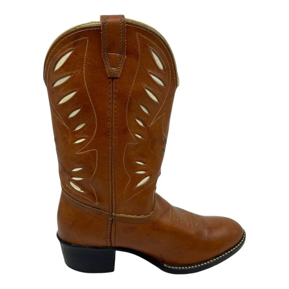 Acme Cowpuncher Western Boots Womens 5D Tan Leather Good Contrast Stitching VTG.